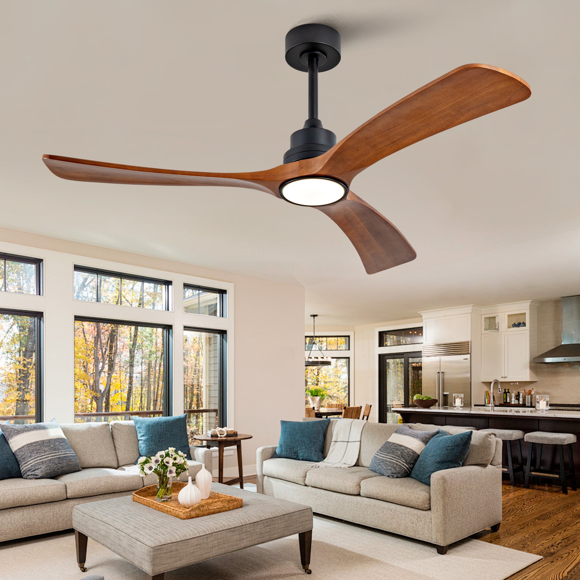 Gigab2b original image - Neuer 52-Zoll-Deckenventilator mit Licht, 3 Massivholzflügeln, Intelligente Doppelsteuerung (Fernbedienung + Wandschalter), Reversibler DC-Motor mit Speicherfunktion, Leiser Innen-Deckenventilator für