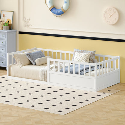 Solid Wood Montessori Floor Bed with Safety Railing and Slatted Frame