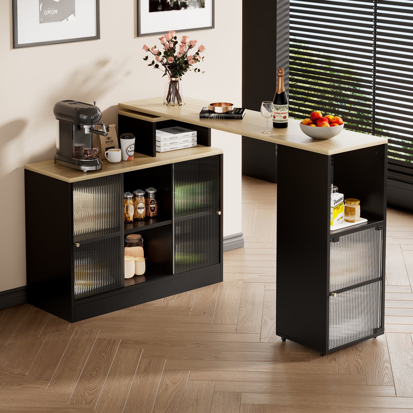 Ausziehbarer Bartisch mit Stauraum ,Moderner Beweglicher Bar Table, Stehtisch, Bistrotisch ,Hochtisch , Bistro Table,Großer Stauraum,Drehung ohne Heben,Schwarz