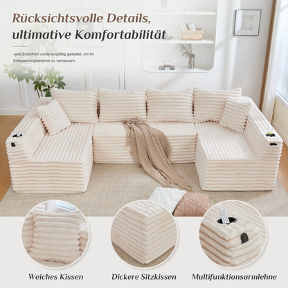 U-förmiges Cord-Sofa mit Getränkehaltern und Seitentaschen, Federkernpolsterung, 4 Rückenkissen und 2 Zierkissen. Ergonomisch geformt für angenehmes langes Sitzen – ideal für Wohnung und Wohnzimmer.
