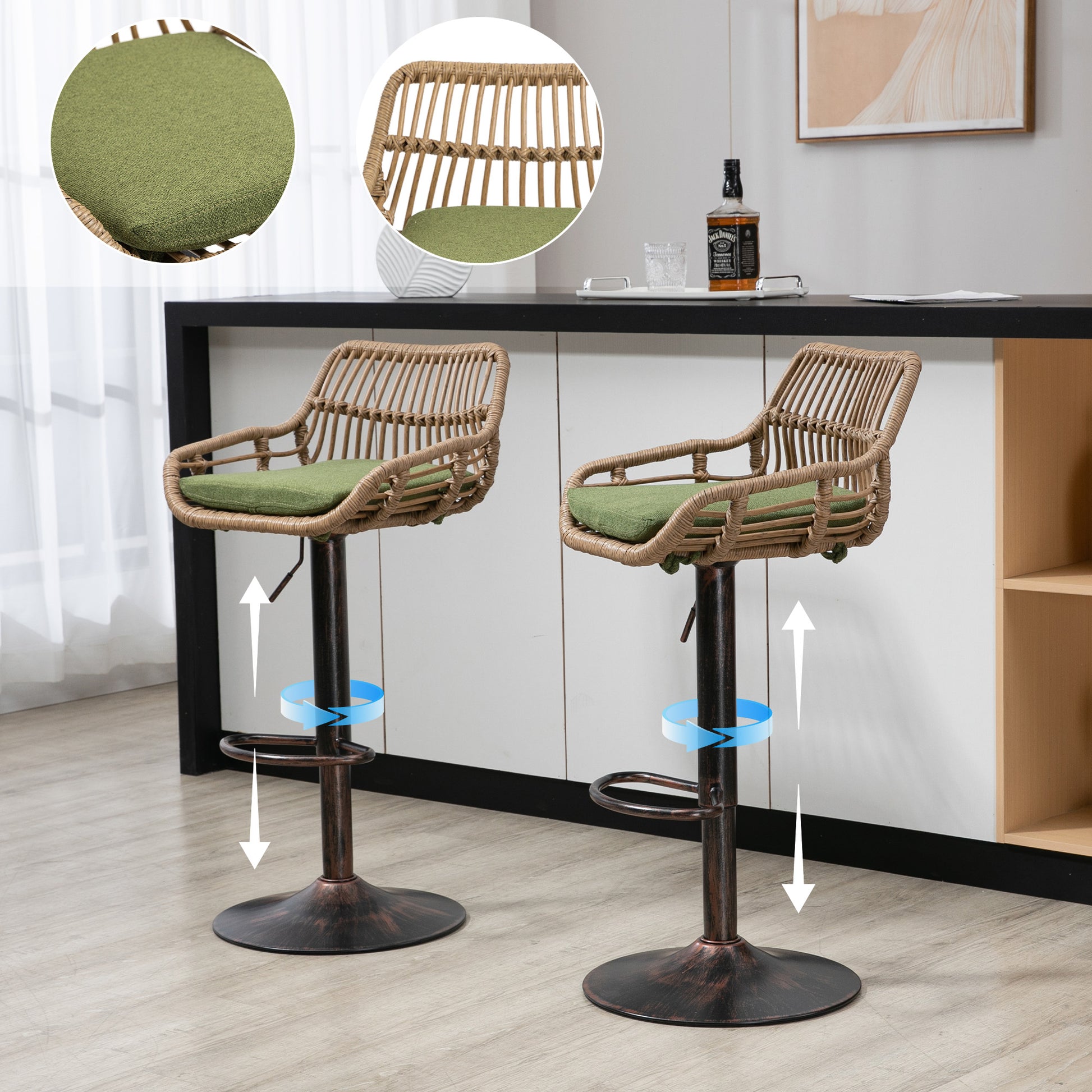 360 Grad drehbare, höhenverstellbare Barhocker aus Rattan, Set mit zwei modernen Barhockern, geeignet für Küchen, Esszimmer und Bars.(Grün)
