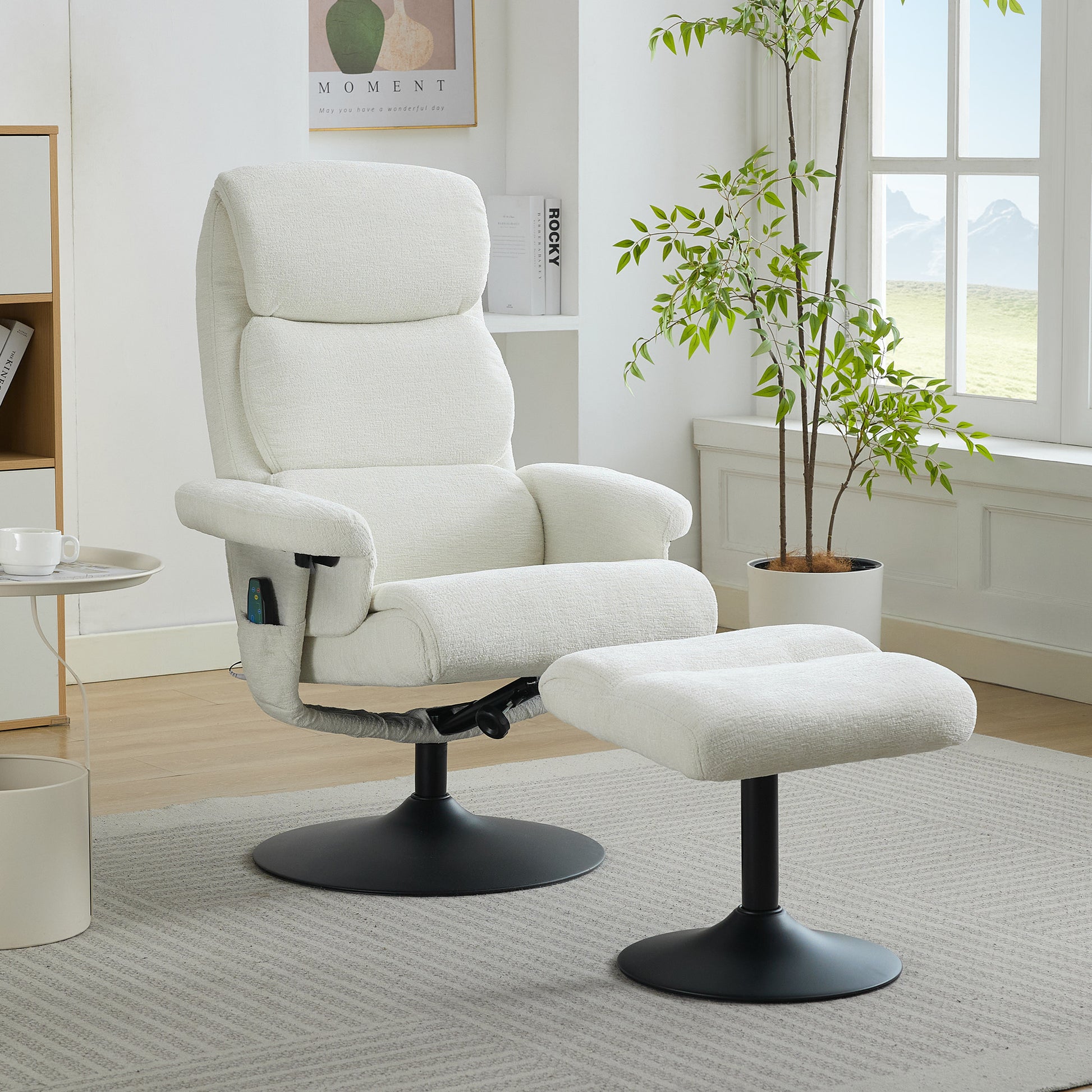 023 Relaxsessel mit Liegefunktion und 5-Punkte-Massage, Fernsehsessel mit elektrischer Heizfunktion und Hocker, 360° drehbar, Chenille-Stoff Weiß