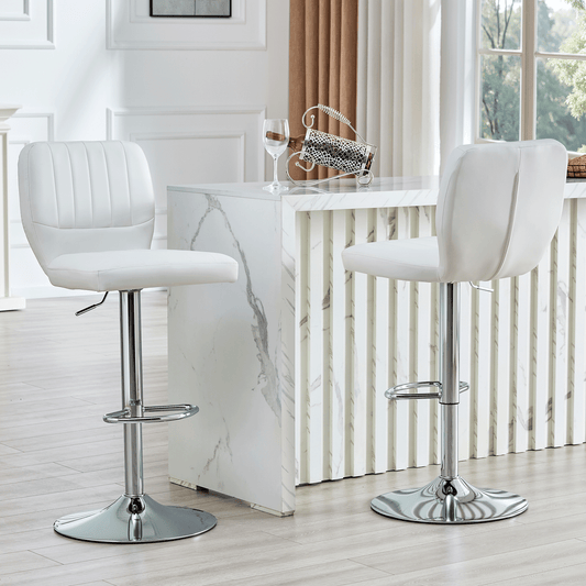 Barhocker höhenverstellbar 62-83cm, 360° drehbarer Barstuhl mit Rückenlehne & Fußstütze, Ergonomischer Küchenhocker aus weißem Kunstleder, belastbar bis 136kg, Chrom-Finish