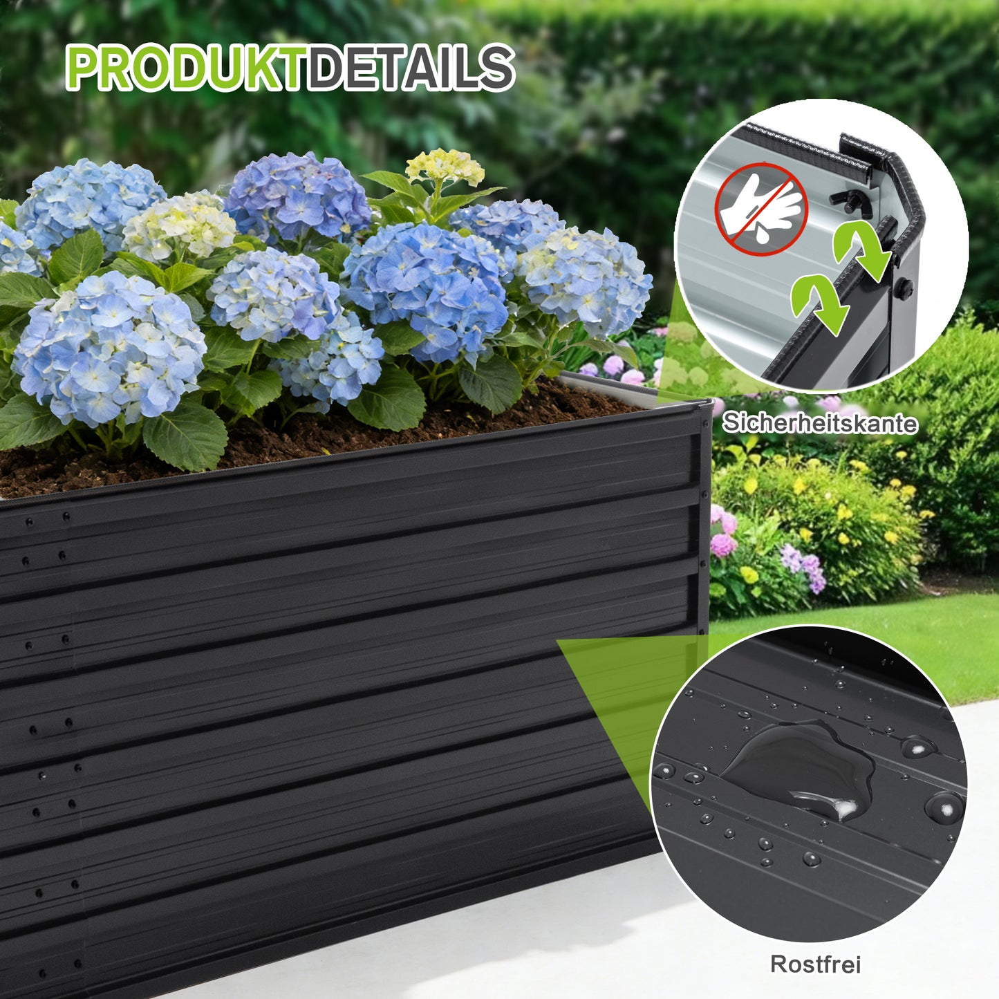 190x90x64cm Hochbeet aus Metall, Großes Pflanzbeet mit offenem Boden für optimalen Wasserablauf, Schwerlast-Blumenbeet Bausatz, wetter- & rostbeständig für Gemüse Blumen Terrasse Garten – Schwarz