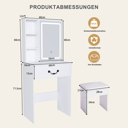 Modernes minimalistisches Schminktisch-Set mit dimmbarem LED-Spiegel – Kompakt mit verstecktem Stauraum, inkl. gepolsterter Hocker, Weiß, B60/H131.5/T36cm.