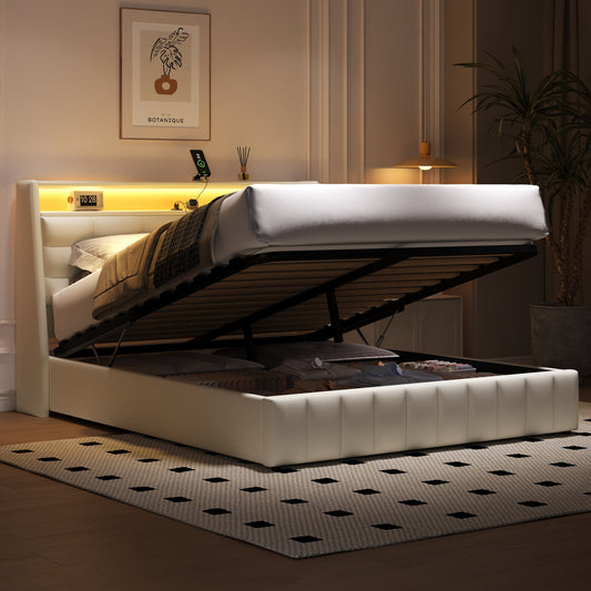 160 x 200 gepolstertes Plattformbett mit LED-Licht und USB, Stauraum darunter, verstellbaren Kopfteilkissen, weiß