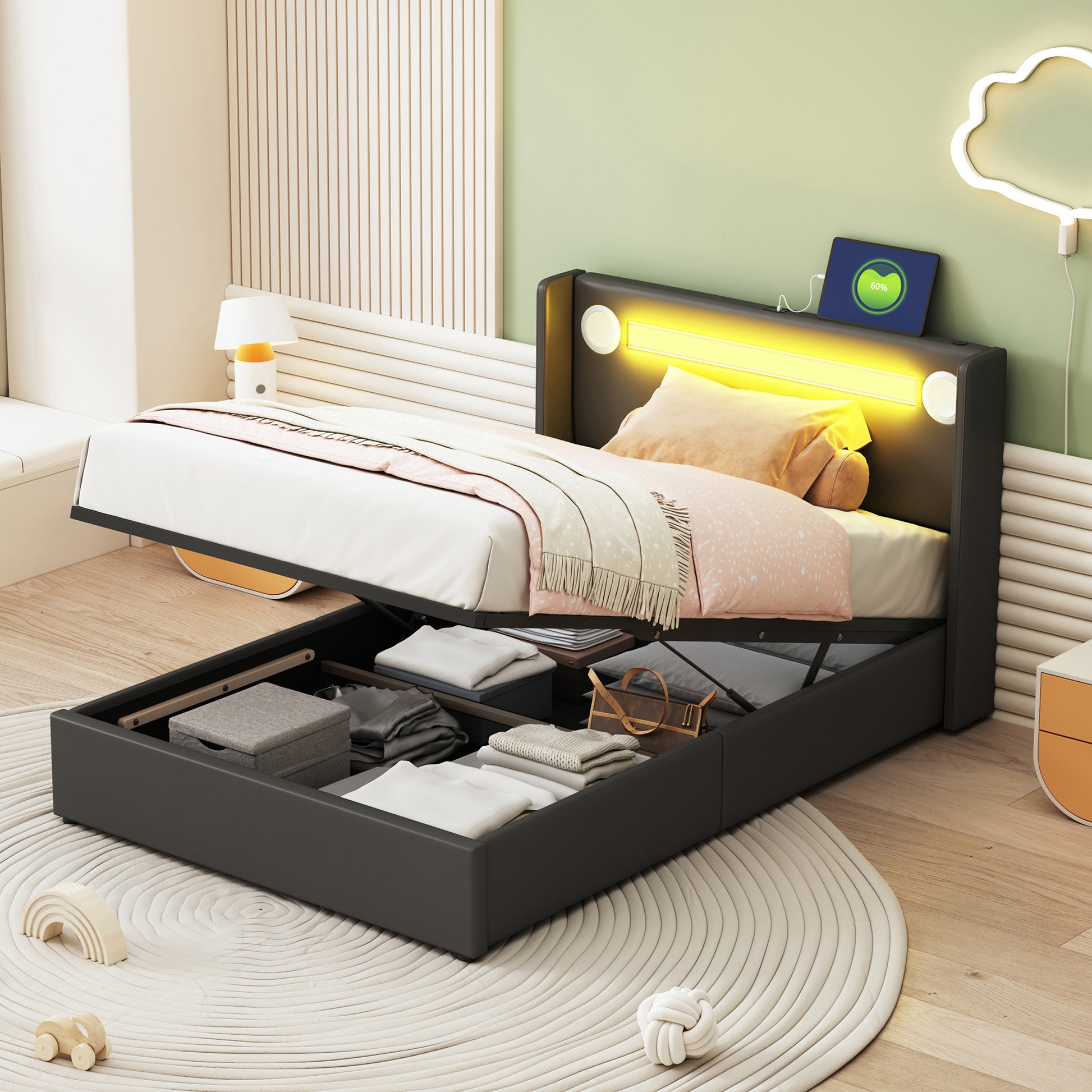 Gigab2b original image - Polsterbett Kinderbett 90x200 Bett mit LED-Lichtleiste, Bluetooth-Player und USB-Aufladung, PU-Leder-Aufbewahrungsbett, Hochbettkasten, Jugendbett mit Lattenrost