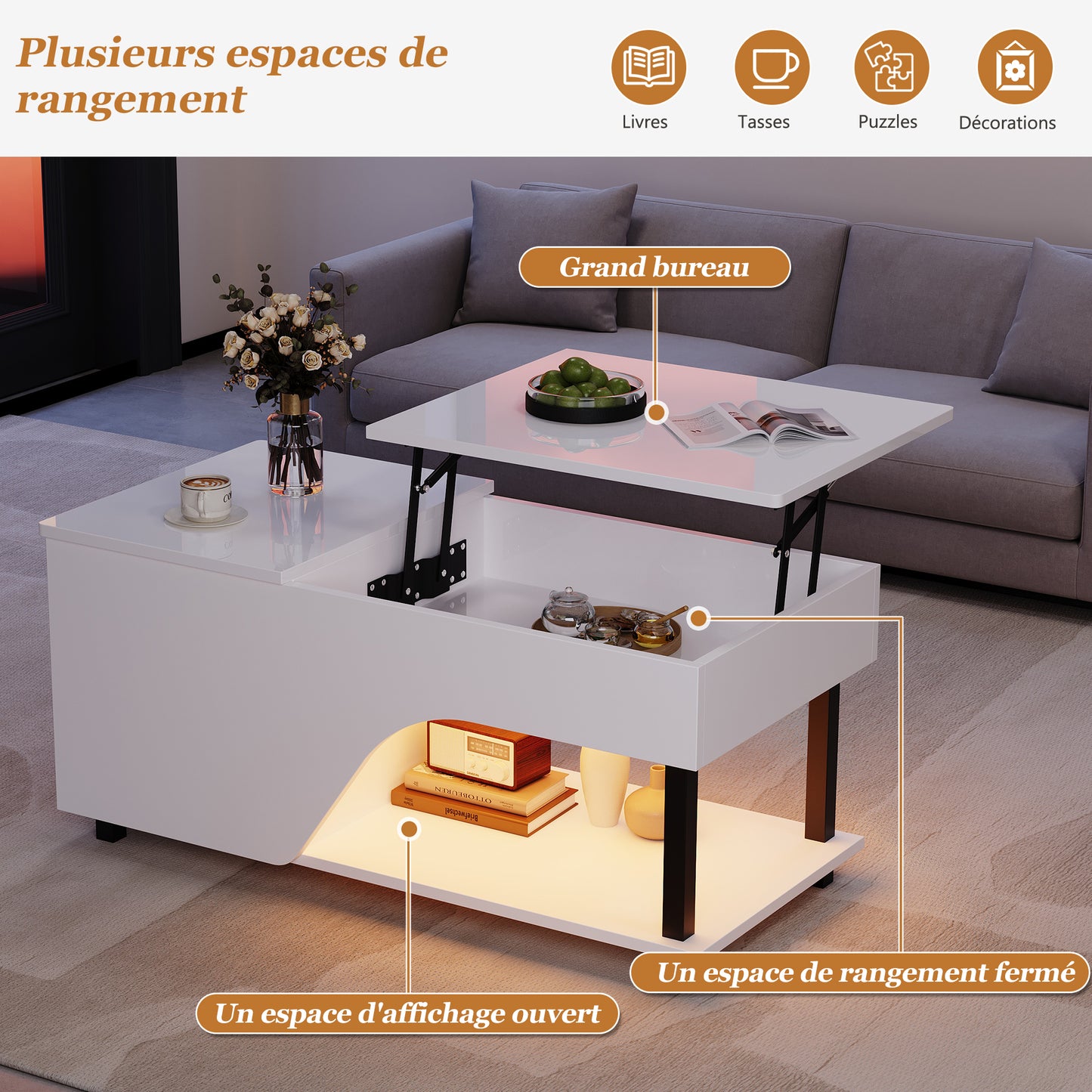 50 x 100 x 46 cm höhenverstellbarer Wohnzimmer-Couchtisch,Beistelltisch mit verstecktem Stauraum,Durchbrochener kaffetisch,Hochglänzender LED-Sofatisch,Teetisch mit seitlicher Ablage,Weiß