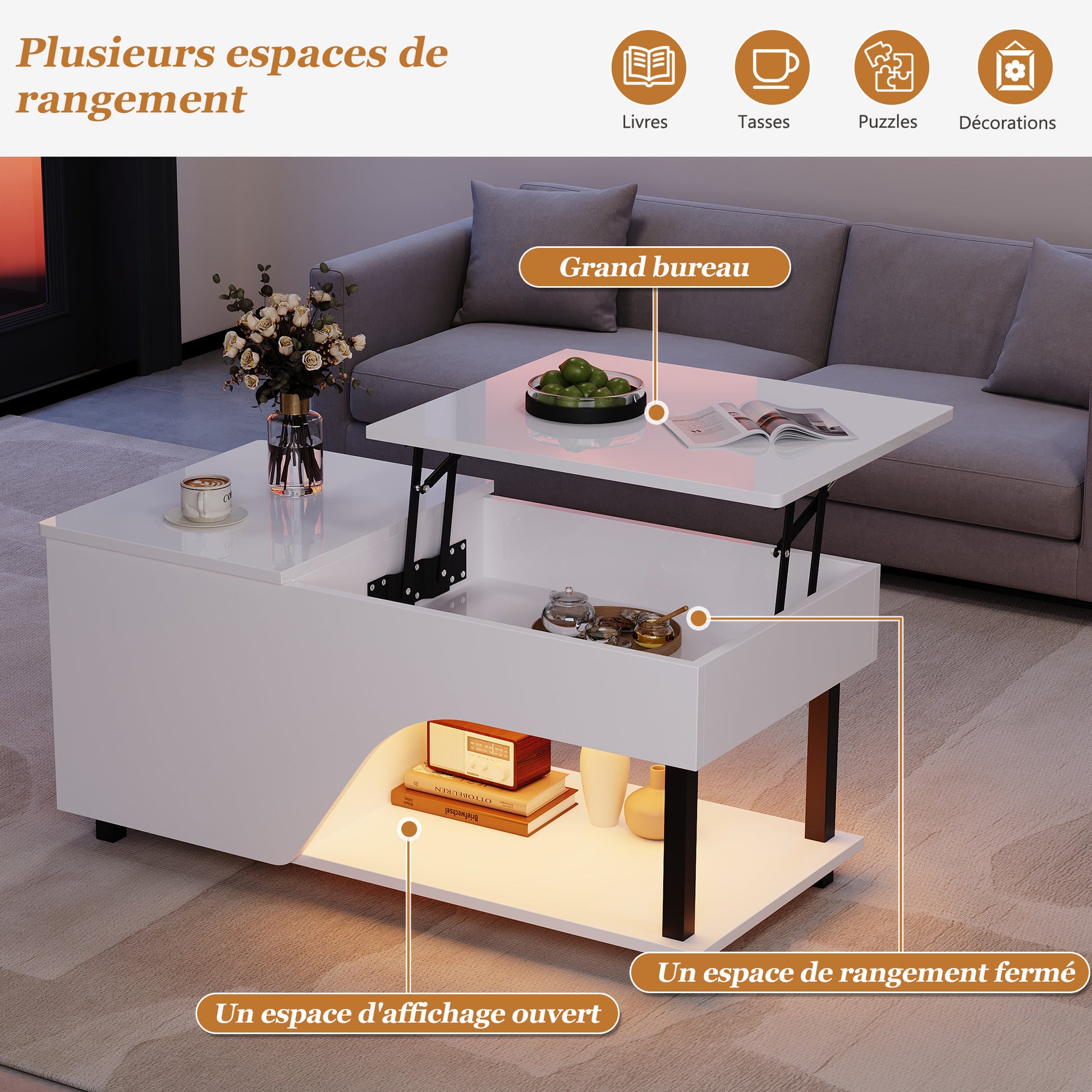 50 x 100 x 46 cm höhenverstellbarer Wohnzimmer-Couchtisch,Beistelltisch mit verstecktem Stauraum,Durchbrochener kaffetisch,Hochglänzender LED-Sofatisch,Teetisch mit seitlicher Ablage,Weiß