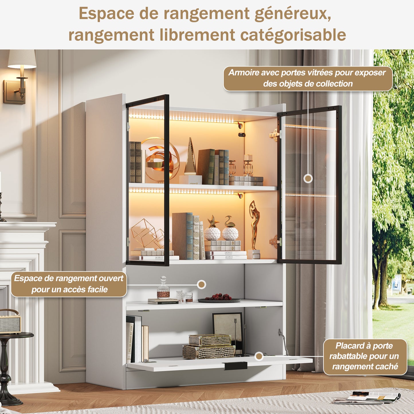 Moderne LED Vitrine Matt Höhe 120cm mit LED-Beleuchtung, Glasvitrine Standvitrine mit Beleuchtung, Wohnzimmerschrank mit Glastüren und Klapptür, Spanplatte Display Schrank,Weiß