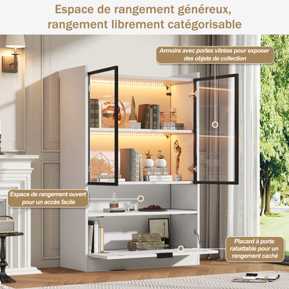 Moderne LED Vitrine Matt Höhe 120cm mit LED-Beleuchtung, Glasvitrine Standvitrine mit Beleuchtung, Wohnzimmerschrank mit Glastüren und Klapptür, Spanplatte Display Schrank,Weiß