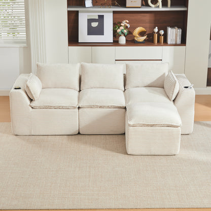 Modulares 3-Sitzer-Sofa + Fußhocker, inklusive Kissen, Getränkehalter und 2 Seitentaschen. Mit einer Füllung aus Schaumstoff und Federkern. Ideal für Wohnzimmer und ähnliche Räume (beiger Cordstoff)