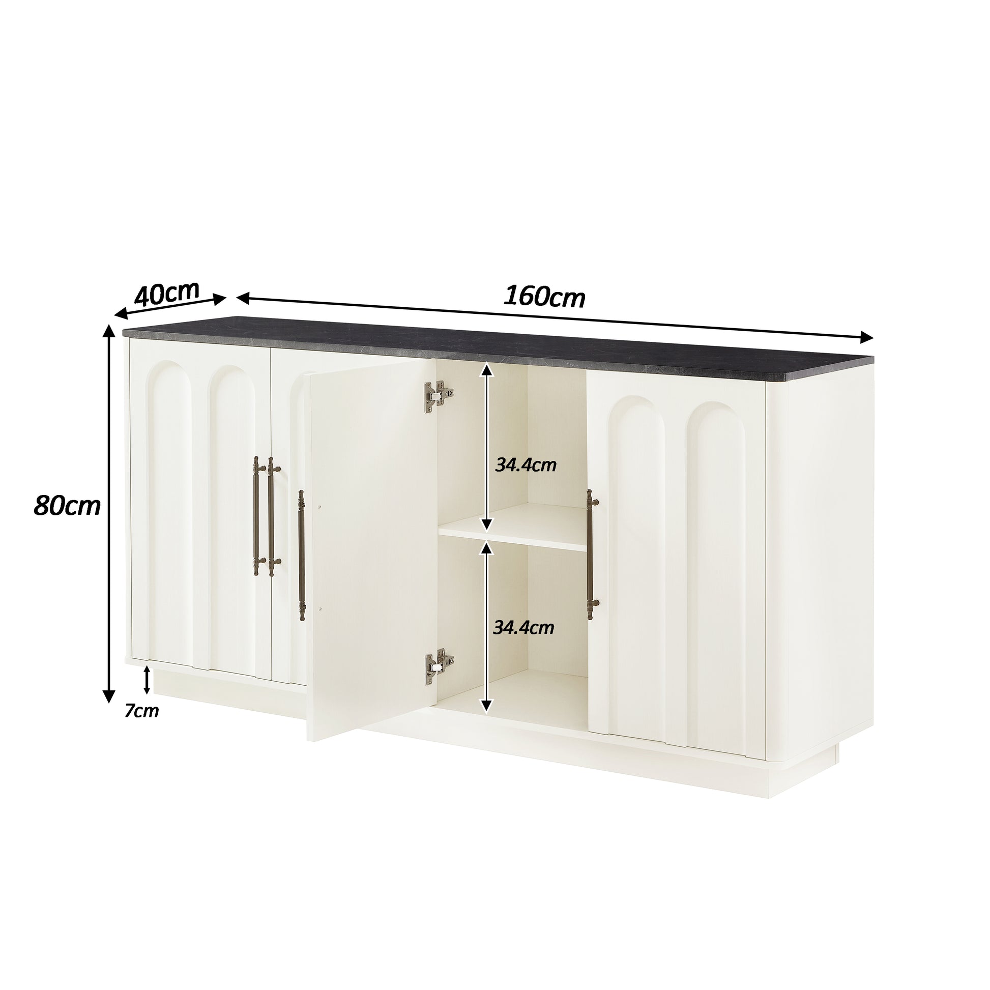 Bogenfront Sideboard mit 4 Türen, Soft-Close Scharnieren & Kippsicherung, 160cm Breiter Aufbewahrungsschrank für Wohnzimmer & Esszimmer, Weiß und schwarz