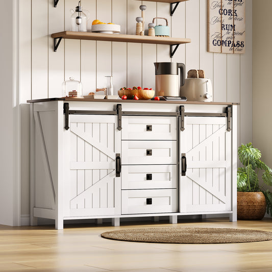 Gigab2b original image - Sideboard mit Stauraum, 137 cm breiter Seitenschrank mit Schiebetüren und 4 Schubladen, Vintage-Kaffeebar-Sideboard, geeignet für Küche, Esszimmer und Wohnzimmer, weiß.