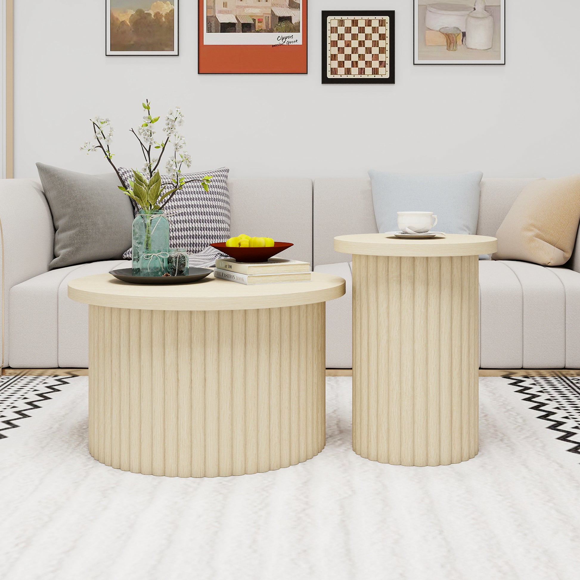 Gigab2b original image - Rundes Couchtisch-Set im 2er-Pack mit natürlicher Holzoptik und wellenförmiger Struktur – integrierter Beistelltisch, ideal für Wohnzimmer, Schlafzimmer, Arbeitszimmer oder Büro