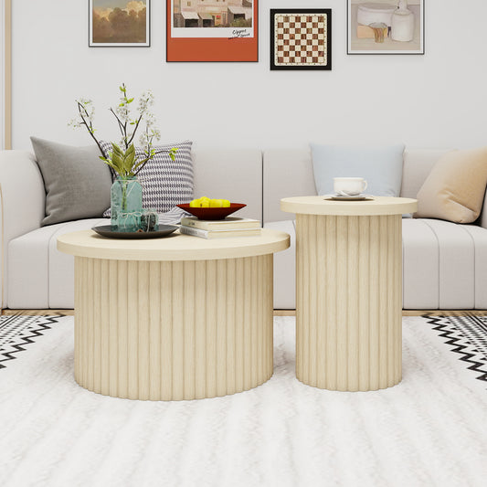 Gigab2b original image - Rundes Couchtisch-Set im 2er-Pack mit natürlicher Holzoptik und wellenförmiger Struktur – integrierter Beistelltisch, ideal für Wohnzimmer, Schlafzimmer, Arbeitszimmer oder Büro