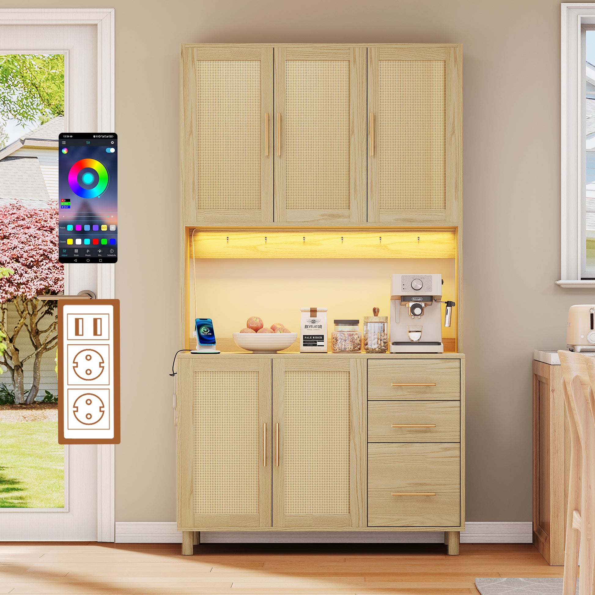 183cm Küchenanrichte, Buffet, App-gesteuerte LED-Deko-Lichter, 2 x USB, 2 x Steckdosen, verstellbare Einlegeböden, 3 Schubladen, goldene Metallgriffe, ideal für Küchen und Esszimmer.