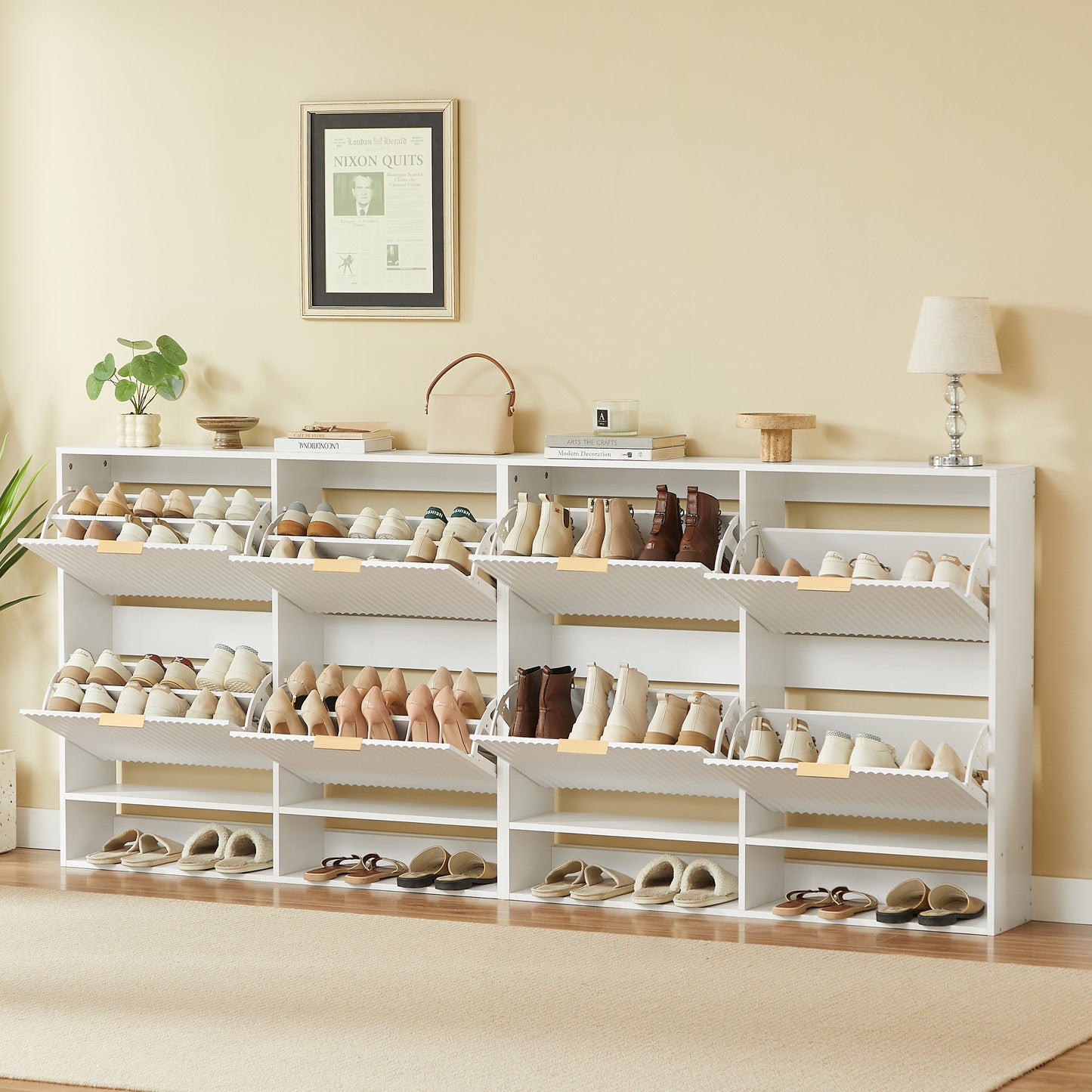 120 x 24 cm Schuhschrank mit Nutfront – Höhenverstellbar mit Kippschutz und Dekotisch für den Flur, in Weiß