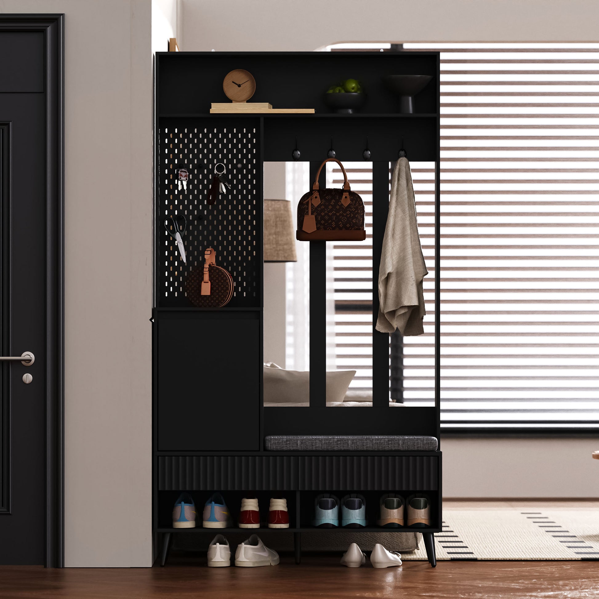 Gigab2b original image - Garderoben-set, Wandgarderobe, Flurgarderobe Set mit Schuhbank, Garderoben Set mit 4 Kleiderhaken, zwei Schubladen und 1 Türen, Schwarz,100 Lx35Bx180H cm