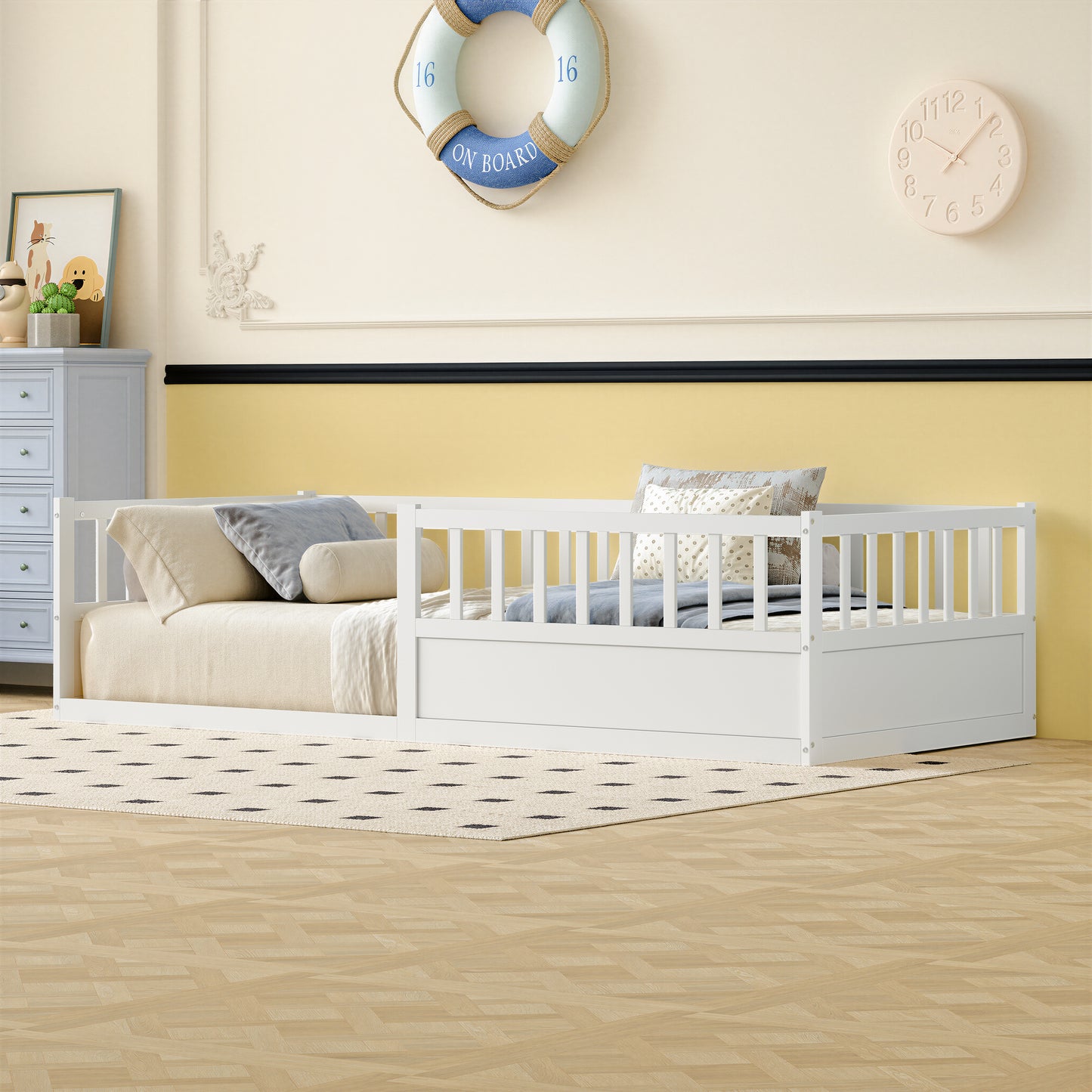Solid Wood Montessori Floor Bed with Safety Railing and Slatted Frame