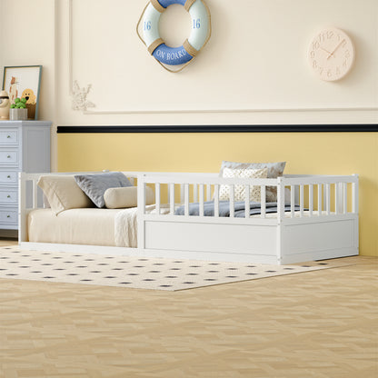 Solid Wood Montessori Floor Bed with Safety Railing and Slatted Frame
