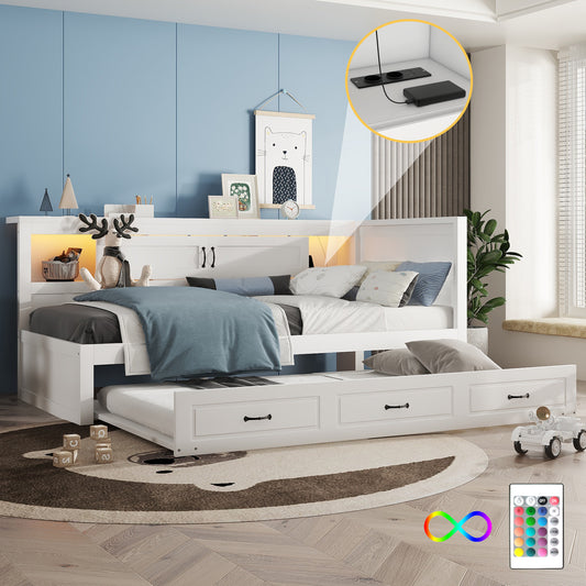 Gigab2b original image - Schlafsofa, Daybett, Tagesbett, 90*200cm , Mit LED-Leuchten, Bettseitiges Staufach, Ausziehbares Bett, Steckdose + USB, Ohne Matratze, Weiß