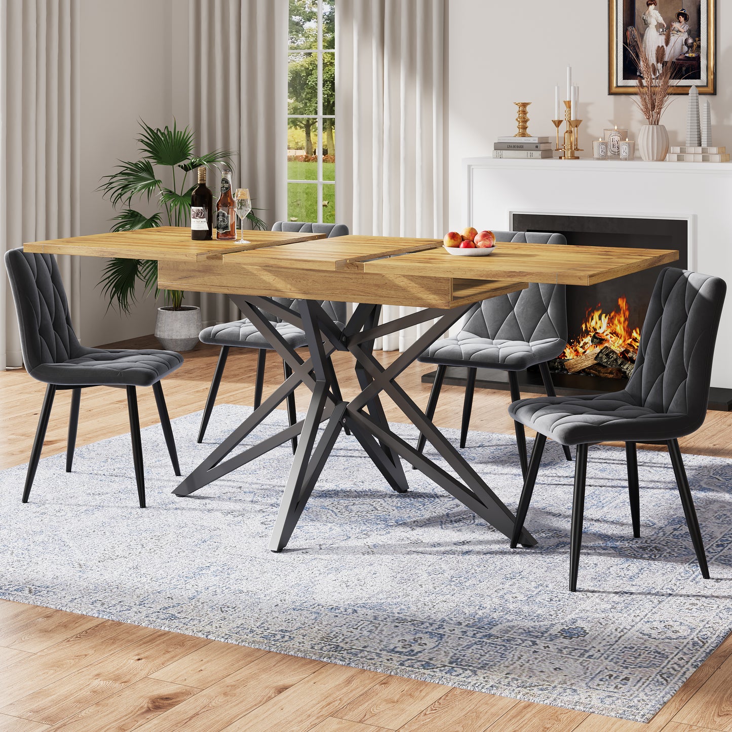 Ausziehbarer Esstisch 120 (160) x 80 cm, ausziehbarer Küchentisch, Frühstückstisch, sternförmige Tischbeine, schwarze Eisenbeine, Tischplatte aus Walnussholz/Marmorimitat