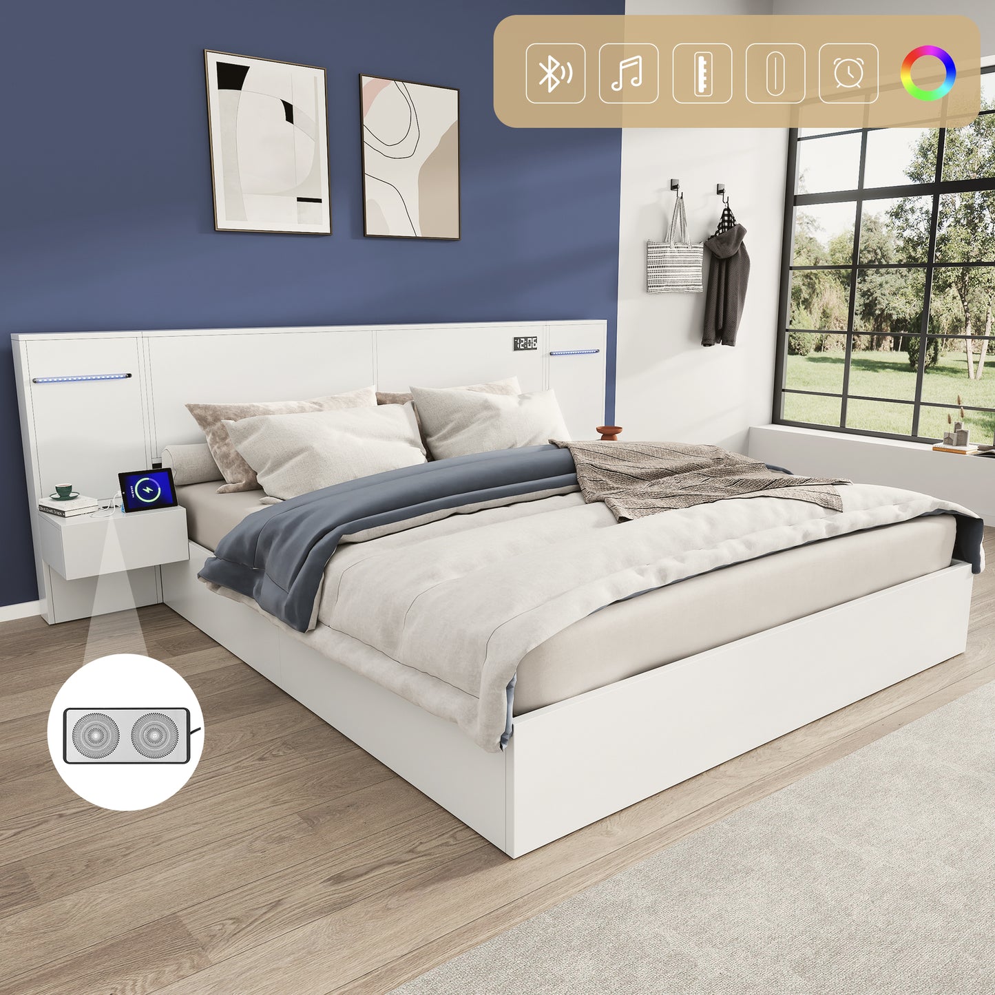 Gigab2b original image - Doppelbett 180*200cm, Holzbett, mit USB-Anschluss, elektronischer Uhr, Bluetooth-Lautsprecher, Farblichtleiste, integrierter Matratze,2 Nachttischen (ohne Schubladen), Matratze nicht enthalten, weiß