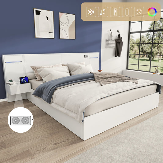 Gigab2b original image - Doppelbett 180*200cm, Holzbett, mit USB-Anschluss, elektronischer Uhr, Bluetooth-Lautsprecher, Farblichtleiste, integrierter Matratze,2 Nachttischen (ohne Schubladen), Matratze nicht enthalten, weiß