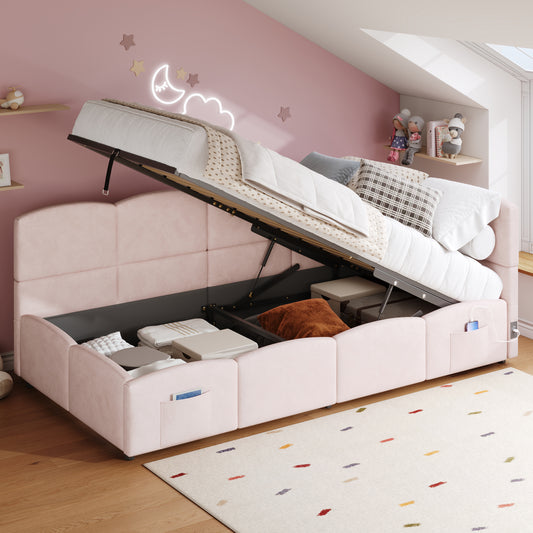 Gigab2b original image - Polsterbett, Kinderbett,Einzelbett, Stauraumbett, Schlafsofa 90x200 cm, mit Lattenrost, USB-Ladegerät, Stautasche, Jugendbett und Erwachsenen-Kinderbett, Samt,rosa (ohne Matratze)