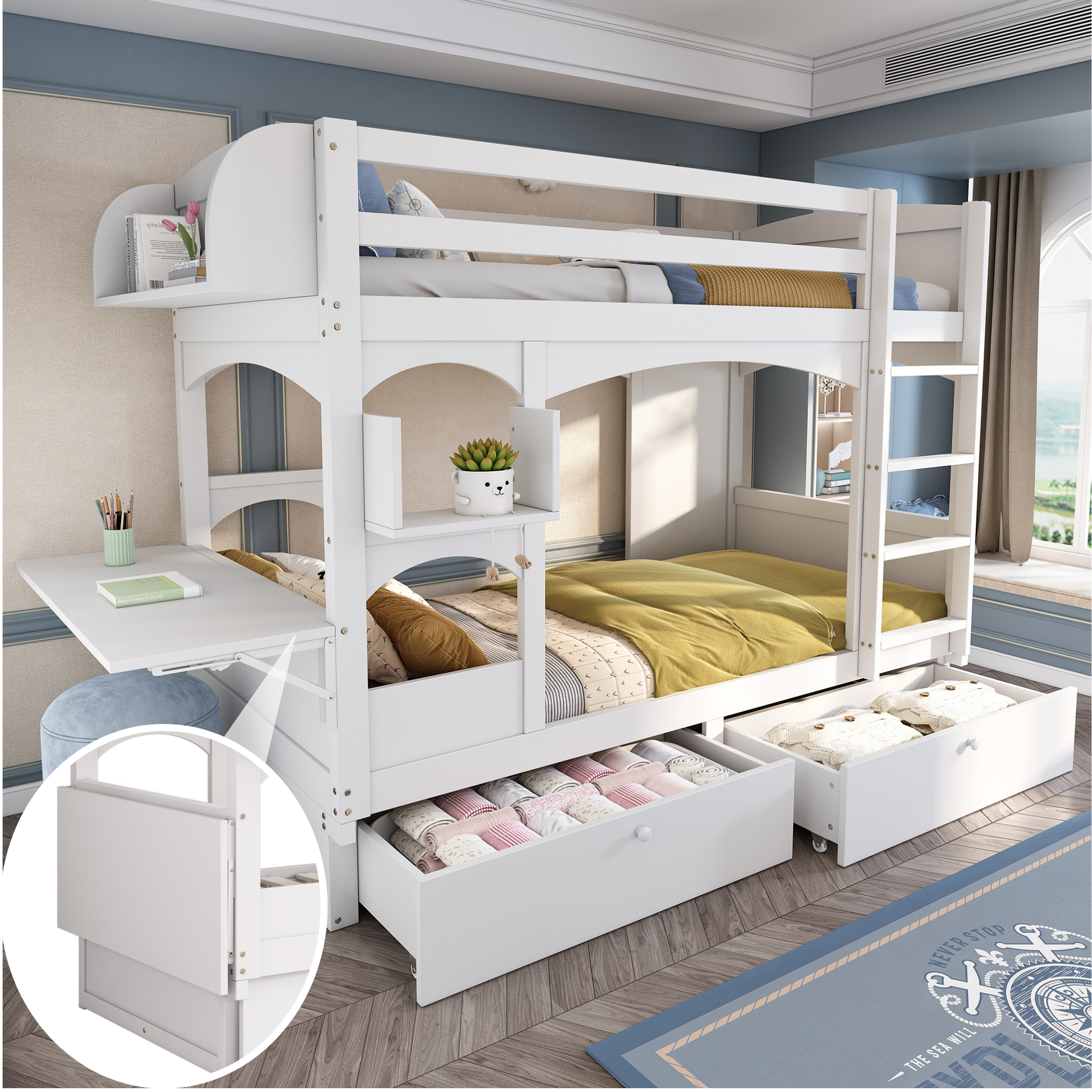 Gigab2b original image - Kinder-Etagenbett, Doppelbett, multifunktionales Kinderbett, mit klappbarem Schreibtisch und Regal, mit Leiter und 2 Schubladen, ohne Matratze, Lattenroste aus Massivholz, weiß, 90*200