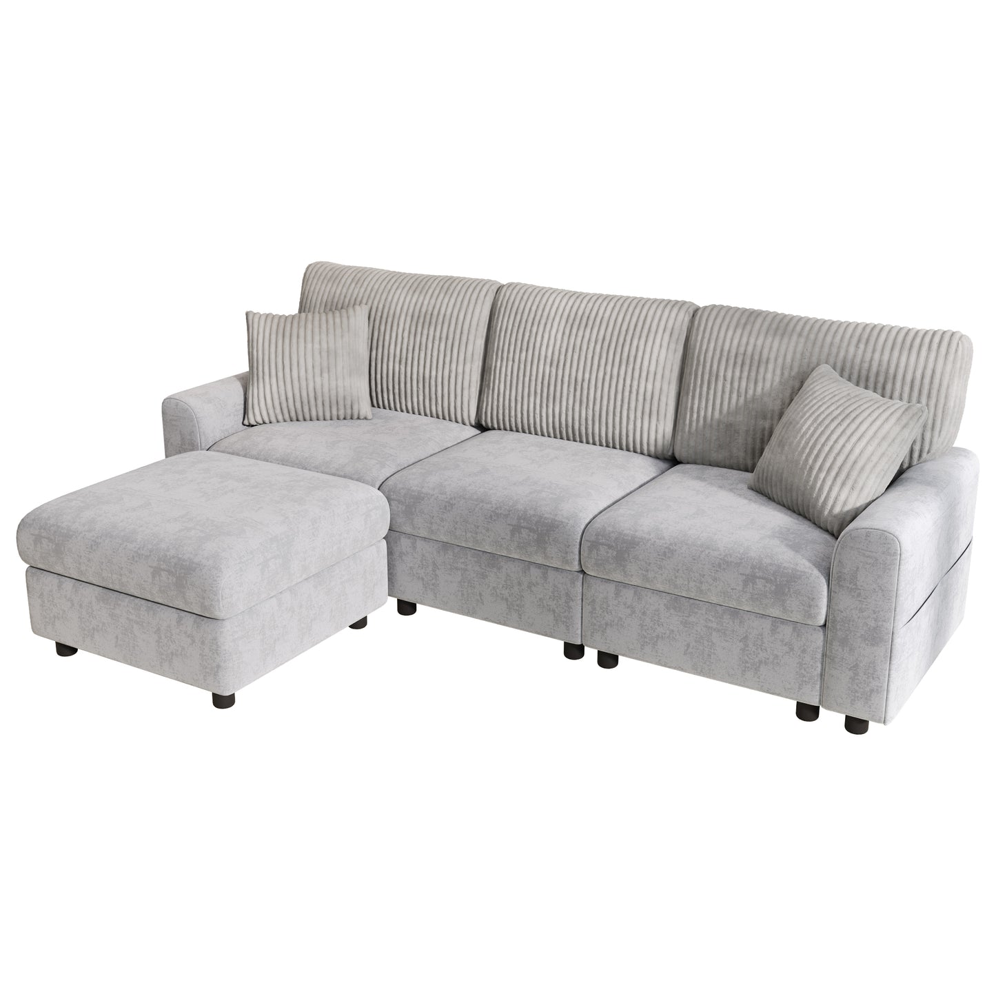 Modernes Sofa mit 1 Fußhocker, 2 quadratischen Kissen, 1 USB-Anschluss und 1 Type-C-Anschluss, Grau (Maße: B223 × H84 × T146 cm)