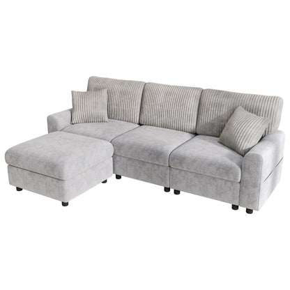 Modernes Sofa mit 1 Fußhocker, 2 quadratischen Kissen, 1 USB-Anschluss und 1 Type-C-Anschluss, Grau (Maße: B223 × H84 × T146 cm)