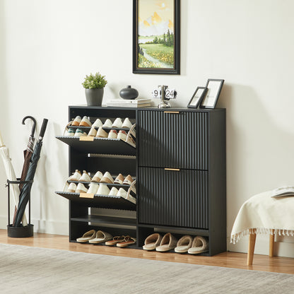 120 x 24 cm Schuhschrank mit Nutfront – Höhenverstellbar mit Kippschutz und Dekotisch für den Flur, in Schwarz