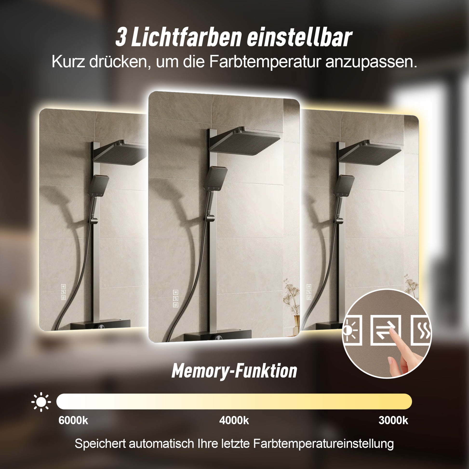 60 x 100cm LED Badezimmerspiegel mit Hintergrundbeleuchtung, Anti-Beschlag, 3 Lichtfarben, Stufenlos Dimmbar, Memory-Funktion, IP44 Wasserdicht, Horizontal & Vertikal Montierbar