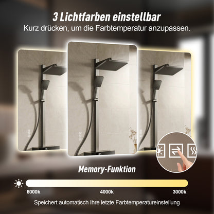 60 x 100cm LED Badezimmerspiegel mit Hintergrundbeleuchtung, Anti-Beschlag, 3 Lichtfarben, Stufenlos Dimmbar, Memory-Funktion, IP44 Wasserdicht, Horizontal & Vertikal Montierbar