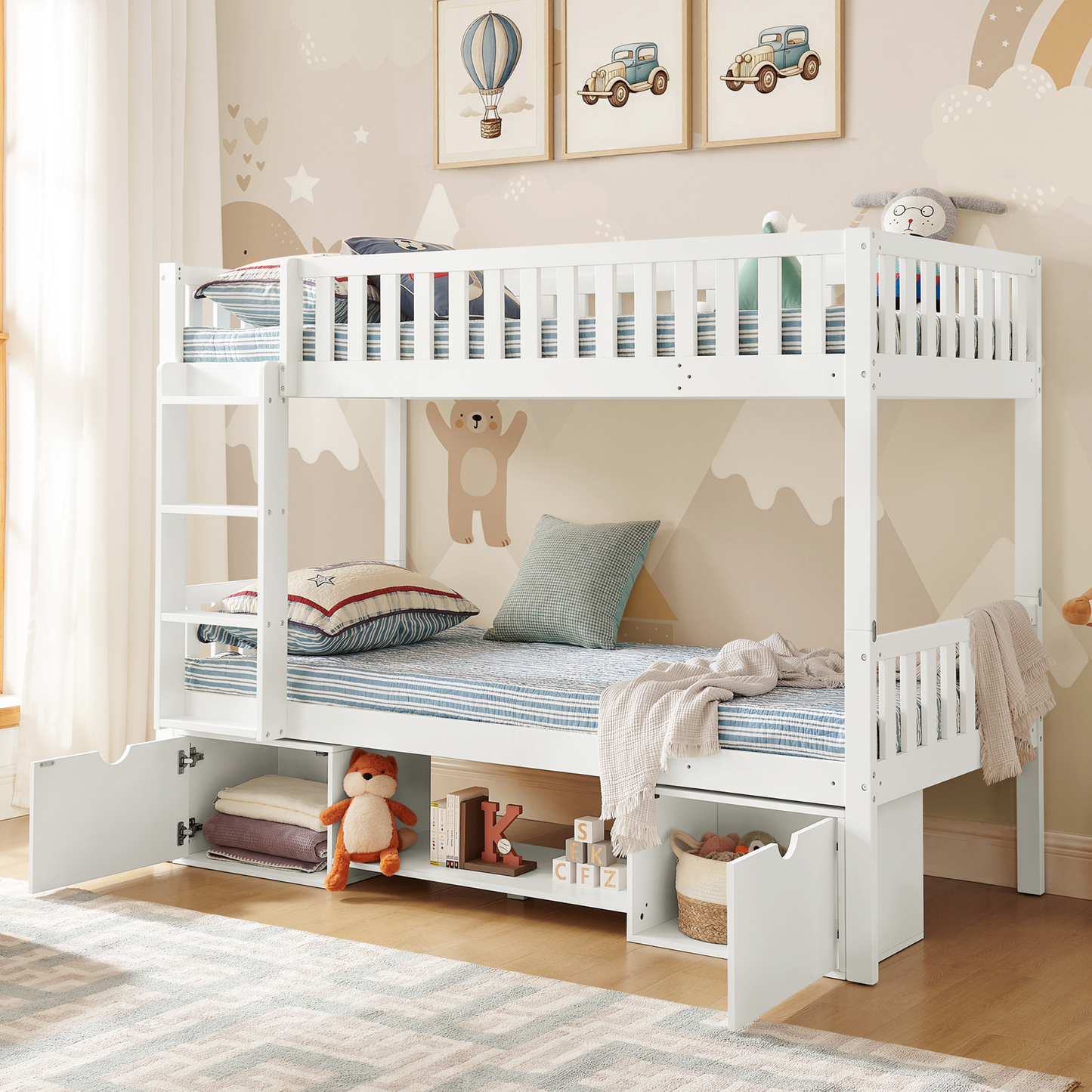 Gigab2b original image - Massivkieferholz Kinder-Doppelbett, Größe 90×200 cm, zerlegbar in 2 Einzelbetten, Kinderbett mit Sicherheitsgeländern und Aufbewahrungsschubladen, inklusive Leiter, White(ohne Matratze)