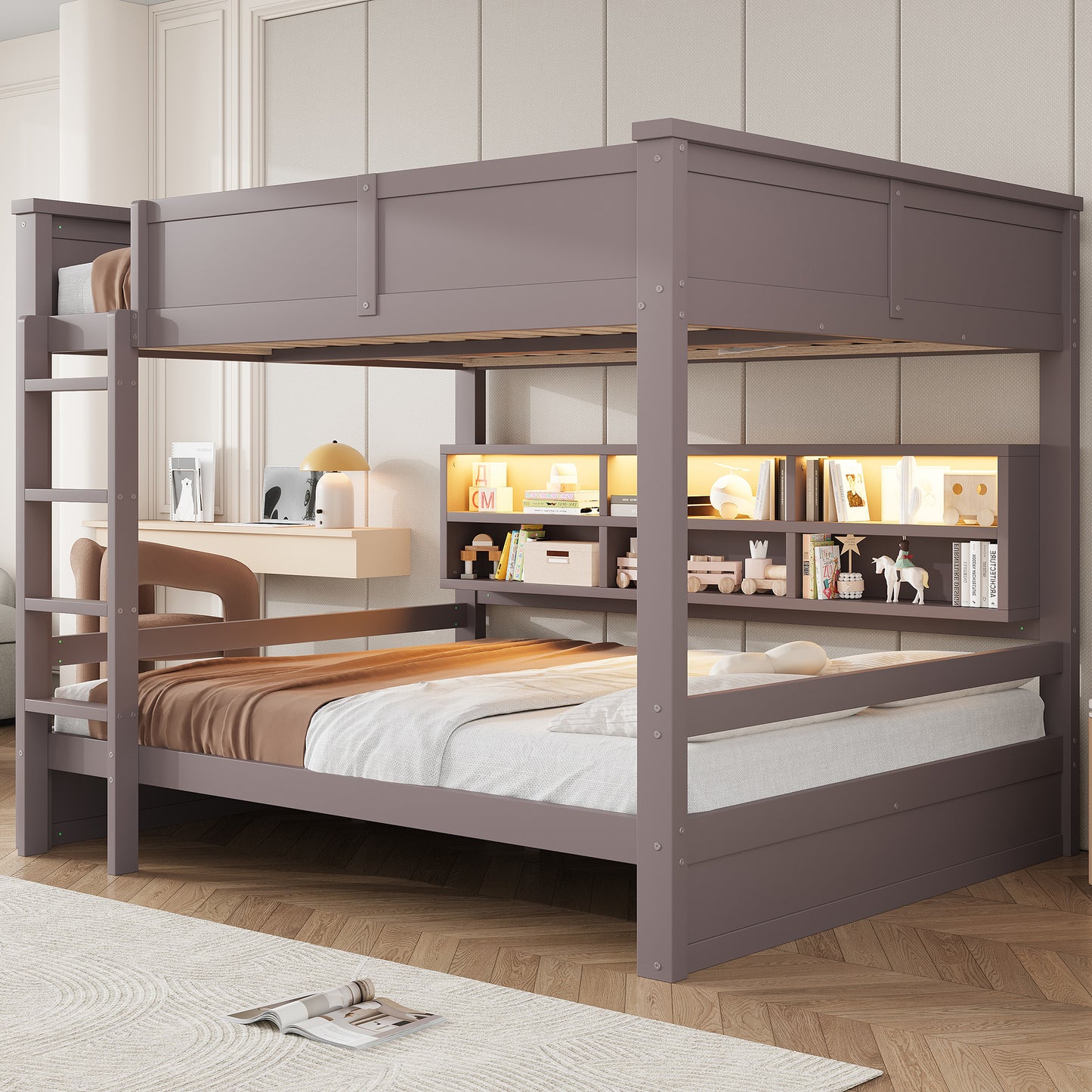 160x200 Etagenbett mit Stauraumschränken und LED-Licht, Braun