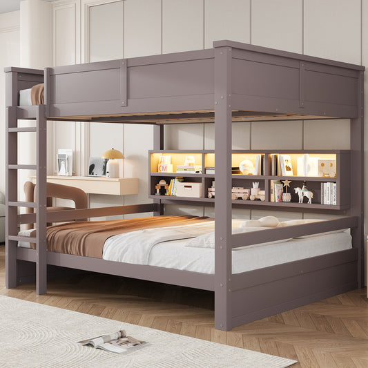 160x200 Etagenbett mit Stauraumschränken und LED-Licht, Braun