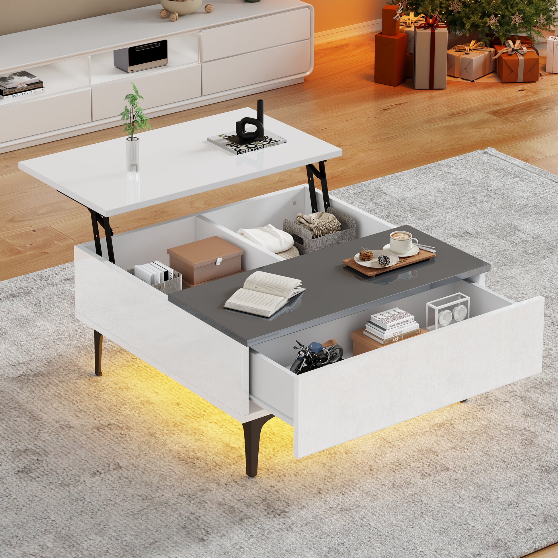 70*70*35cm Couchtisch, höhenverstellbarer Kaffeetisch mit verstecktem Stauraum und Ablagen, weißer Hochglanz-Wohnzimmertisch, Schreibtisch mit LED, Sofatisch mit Schubladen
