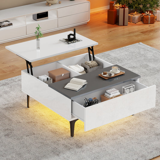 70*70*35cm Couchtisch, höhenverstellbarer Kaffeetisch mit verstecktem Stauraum und Ablagen, weißer Hochglanz-Wohnzimmertisch, Schreibtisch mit LED, Sofatisch mit Schubladen