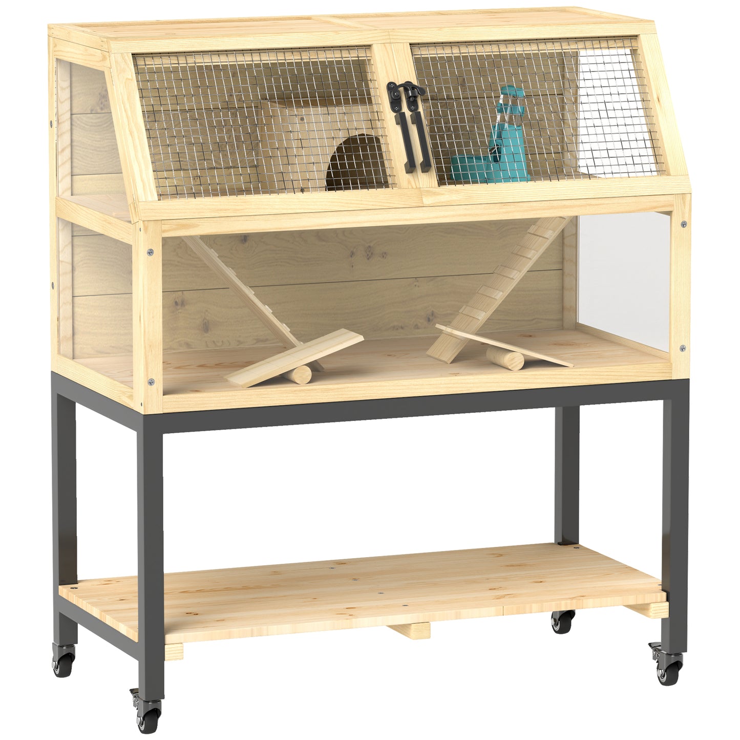 Gigab2b original image - Zwerghamsterkäfig aus Holz, 87 x 43 x 101 cm Nagerkäfig mit Ablagefläche, Wasserflasche, Hütte, Wippen, Kleintierkäfig mit Rädern, Rampen, Naturholz