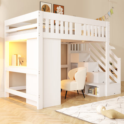 Wooden Bed, Stairs with Storage, and Desk Set