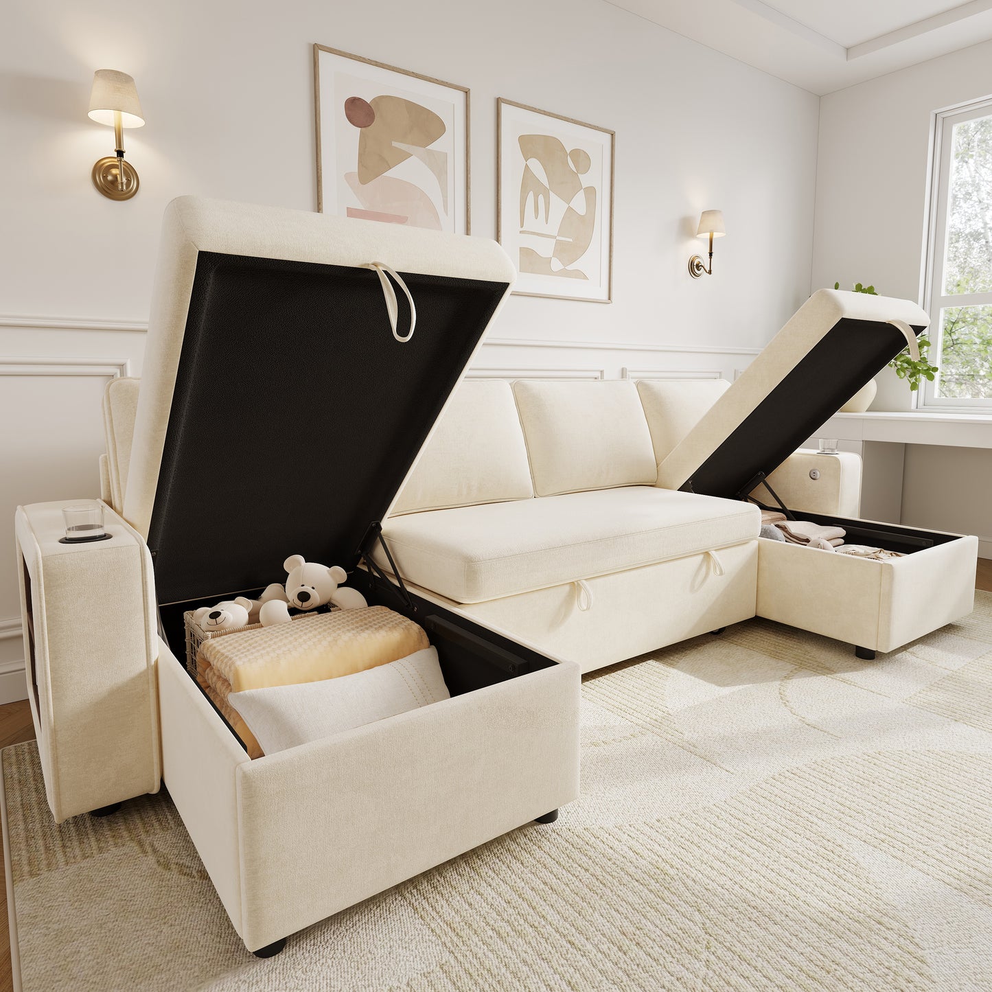 U‑förmiges Ecksofa mit Schlaffunktion, ausziehbares Schlafsofa, integrierter Stauraum, doppelte Chaiselongue mit verstecktem Stauraum, Becherhalter, USB‑Ladeanschluss und Armlehnen‑Ablage,Beige