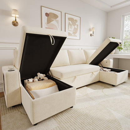 U‑förmiges Ecksofa mit Schlaffunktion, ausziehbares Schlafsofa, integrierter Stauraum, doppelte Chaiselongue mit verstecktem Stauraum, Becherhalter, USB‑Ladeanschluss und Armlehnen‑Ablage,Beige