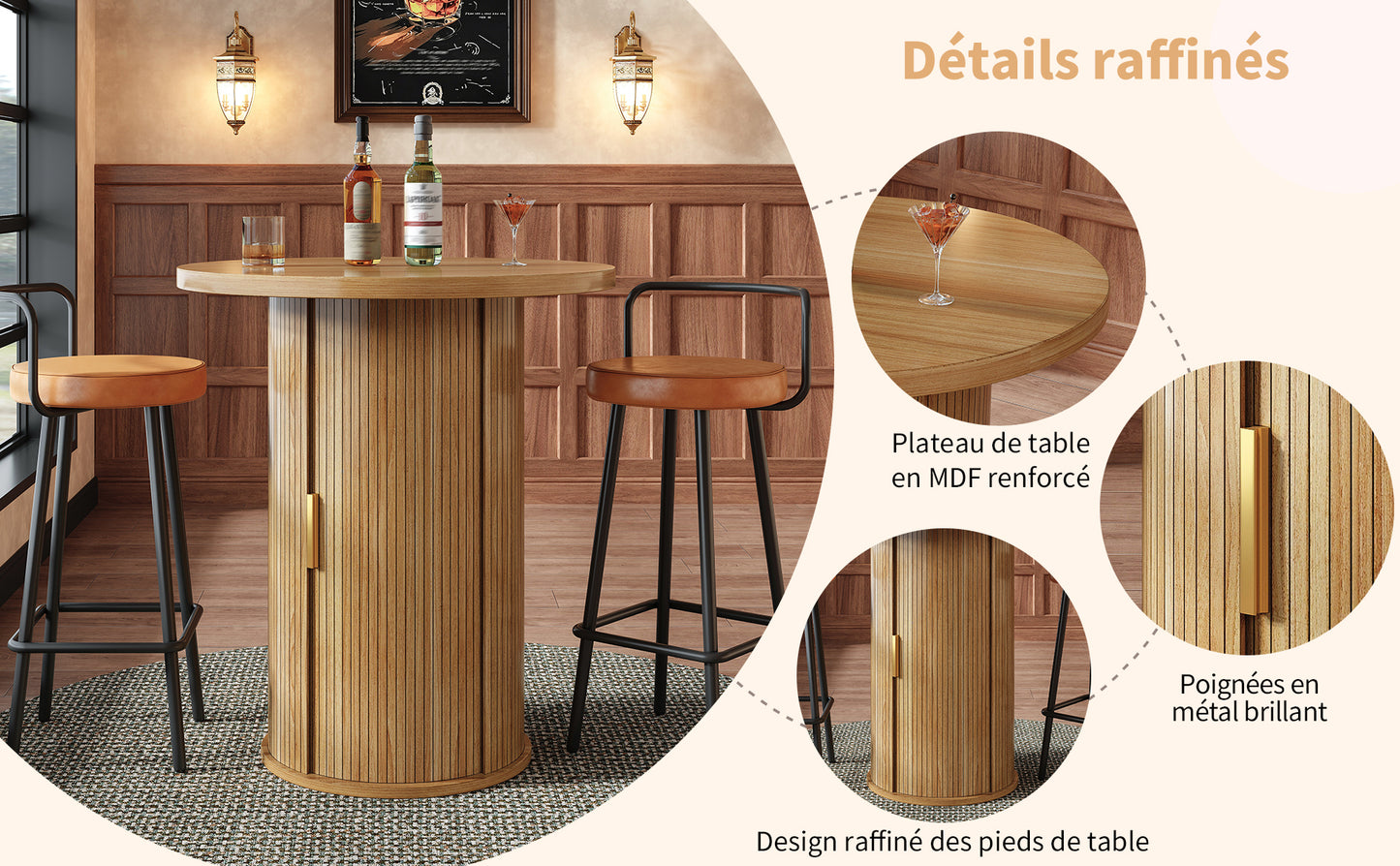 Runder Bartisch mit Stauraum, 91,6cm hoher Stehtisch mit Schrank, MDF Holzoptik, Belastbar bis 75kg, für Bar & Wohnzimmer