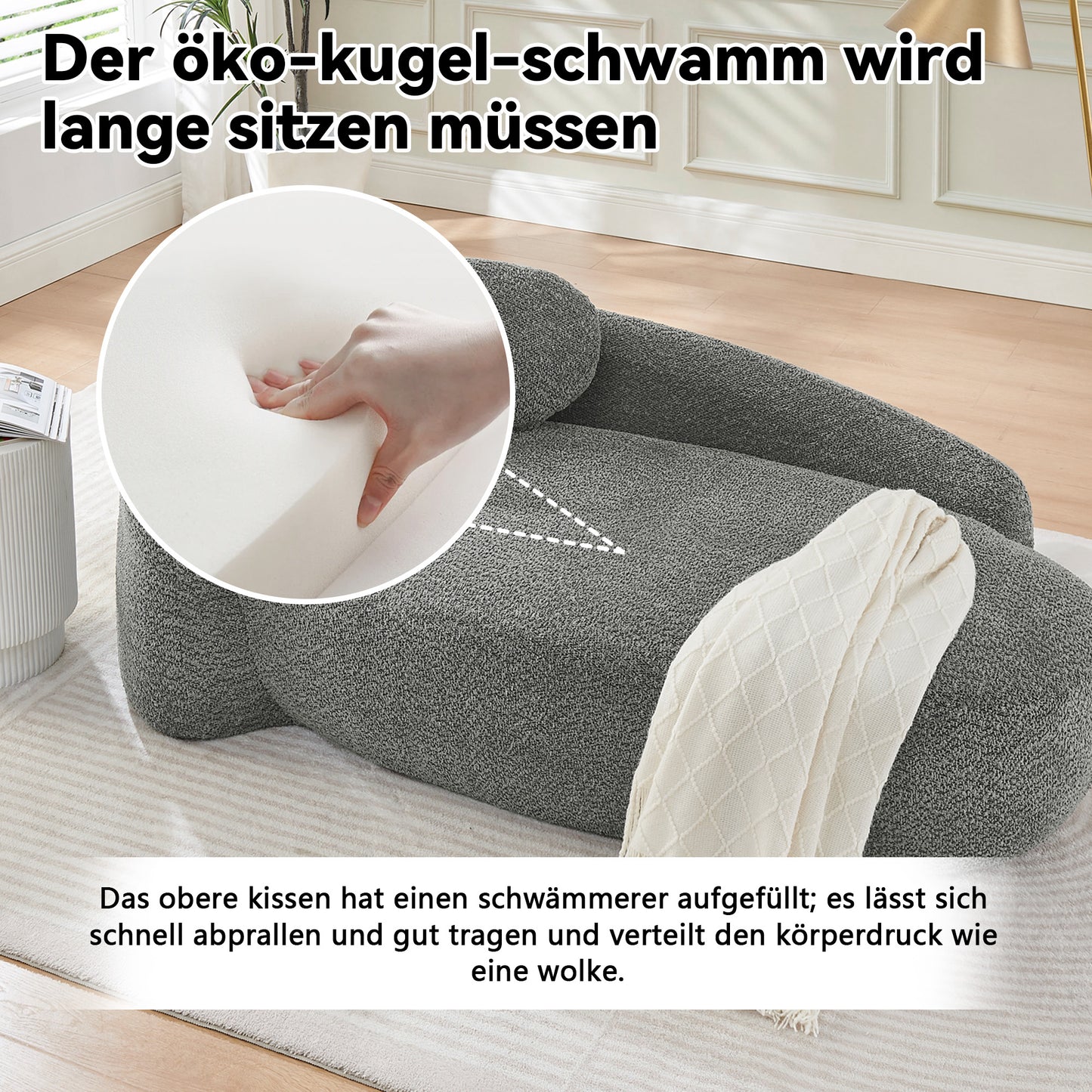 Minimalistisches Teddyfleece-Sofa mit abgerundetem Design, weich gepolsterte Couch mit Kissen, vielseitig einsetzbar für Wohnzimmer, Schlafzimmer und Studio,Gray