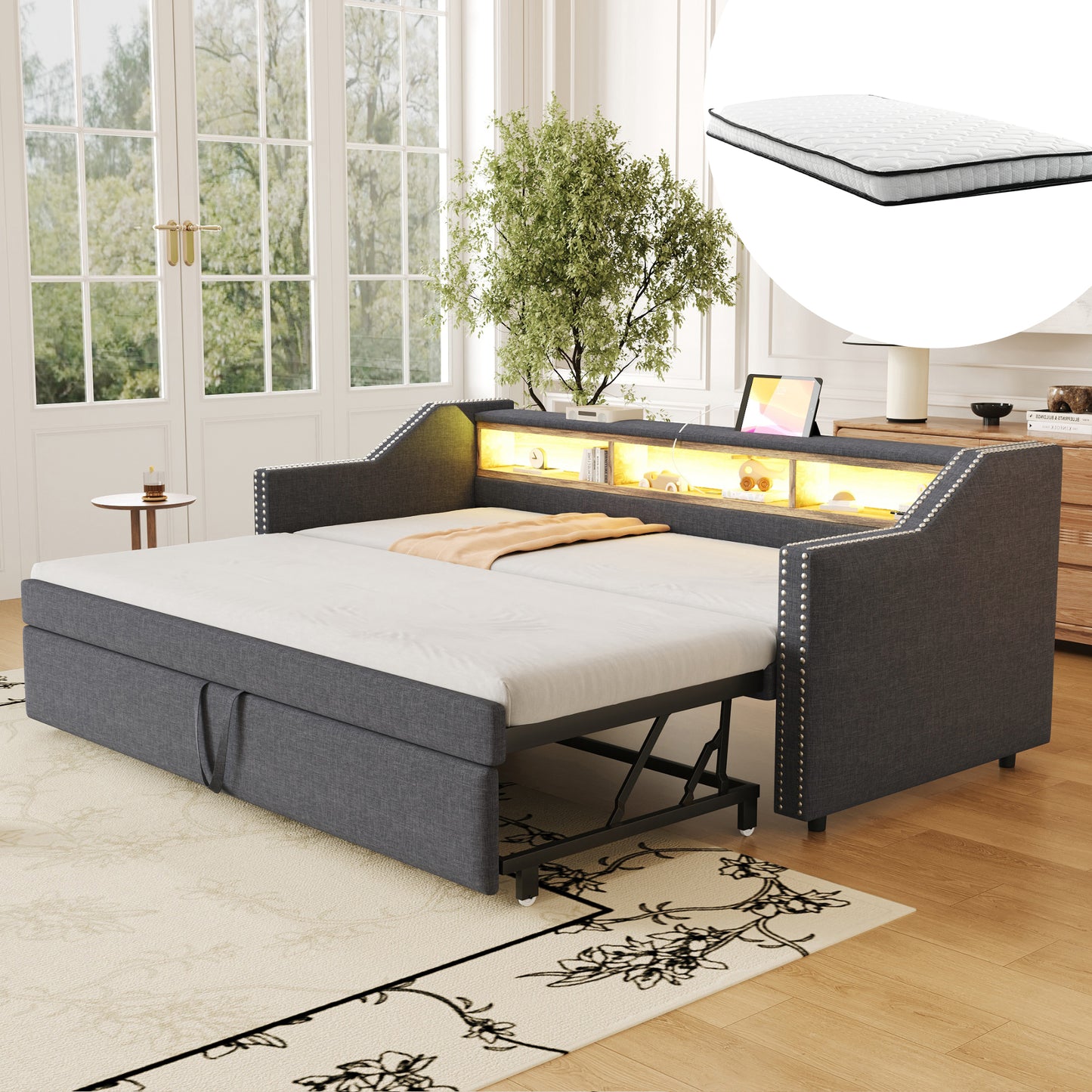 Gigab2b original image - Polsterbett Ausziehbares Schlafsofa 90/180 x 190 cm, Multifunktionales Staufach, LED-Licht und USB-Buchse, mit Lattenrost, Dunkelgrau (mit zwei Federkernmatratzen)