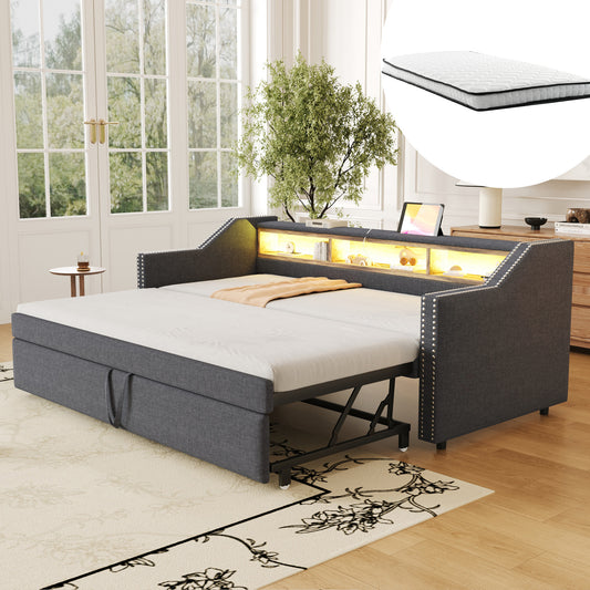 Gigab2b original image - Polsterbett Ausziehbares Schlafsofa 90/180 x 190 cm, Multifunktionales Staufach, LED-Licht und USB-Buchse, mit Lattenrost, Dunkelgrau (mit zwei Federkernmatratzen)