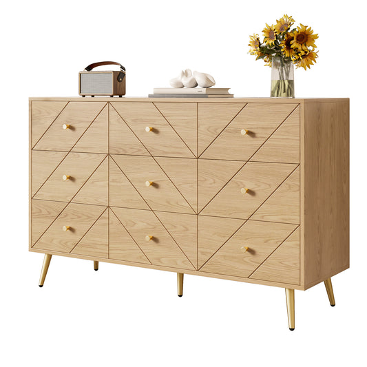 Gigab2b original image - Moderne 9-Schubladen Kommode mit Eisenbeinen – Stilvolle Aufbewahrungslösung für Schlafzimmer, Wohnzimmer und Flur – Robuste PB-Konstruktion mit eleganten geometrischen Mustern und praktischen Knöpfen